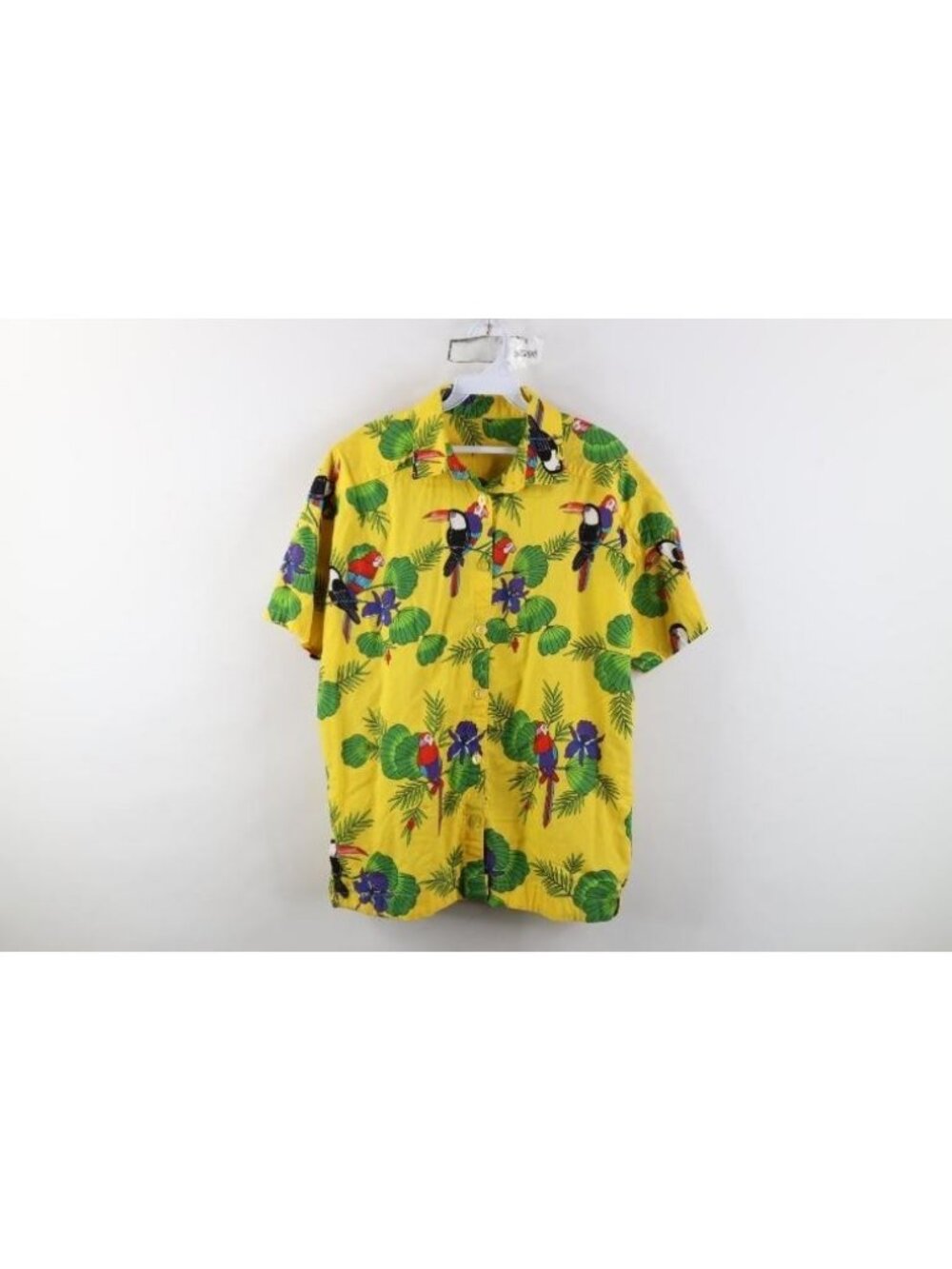 Vintage 80s 90s Womens XL Batik Fabric Toucan Parrot Hawaiian Button Shirt USA